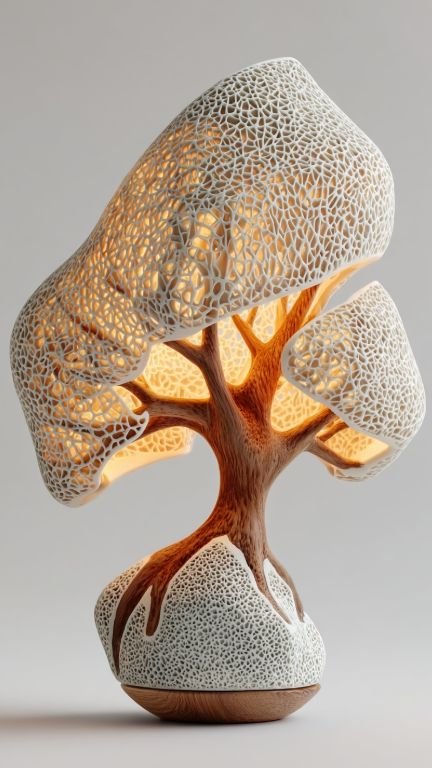 A detailed 3D-printed lattice-textured lamp shaped like a tree, showcasing Prism3D's craftsmanship